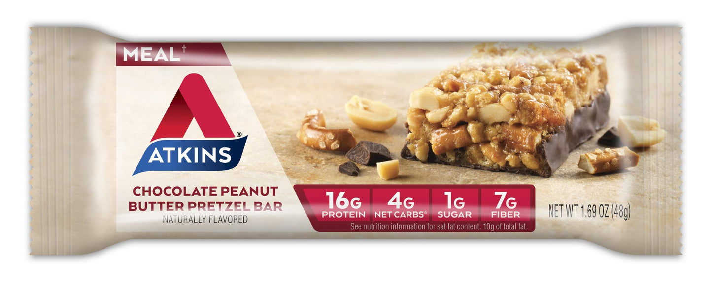 Atkins Chocolate Peanut Butter Pretzel Protein Meal Bar, High Fiber, 16g Protein, 1g Sugar