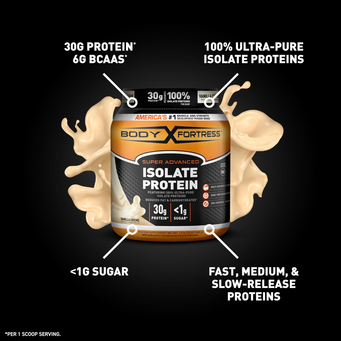 Body Fortress Super Advanced Isolate Protein Powder, Gluten Free, Vanilla Creme Flavored