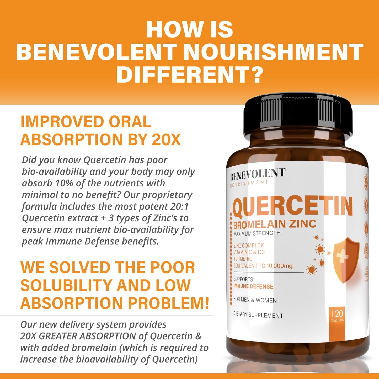 Benevolent Nourishment Quercetin with Bromelain, Zinc Complex, Vitamin C & D, Turmeric