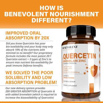 Benevolent Nourishment Quercetin with Bromelain, Zinc Complex, Vitamin C & D, Turmeric