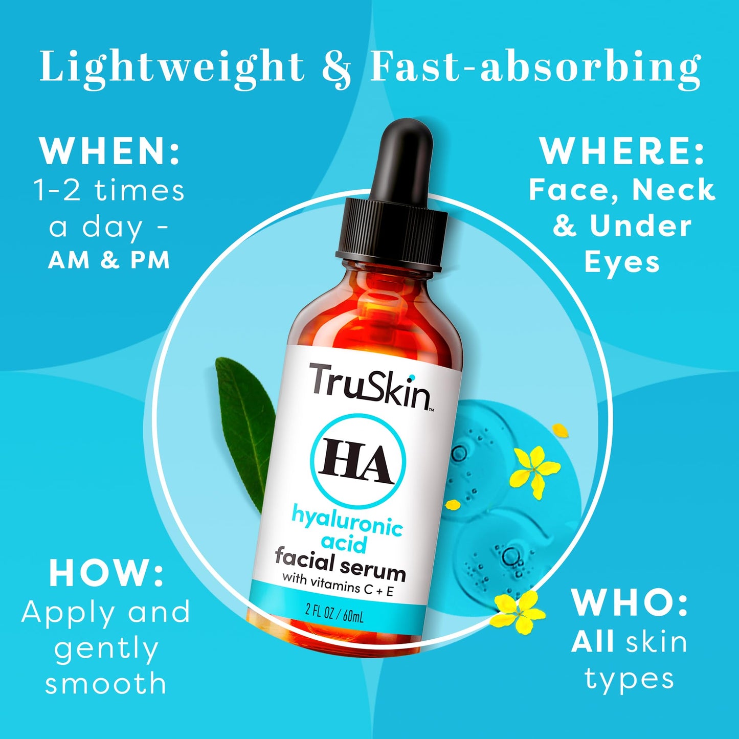 TruSkin Naturals, Hyaluronic Acid Serum for Face + 7 Ultra Hydrating Ingredients