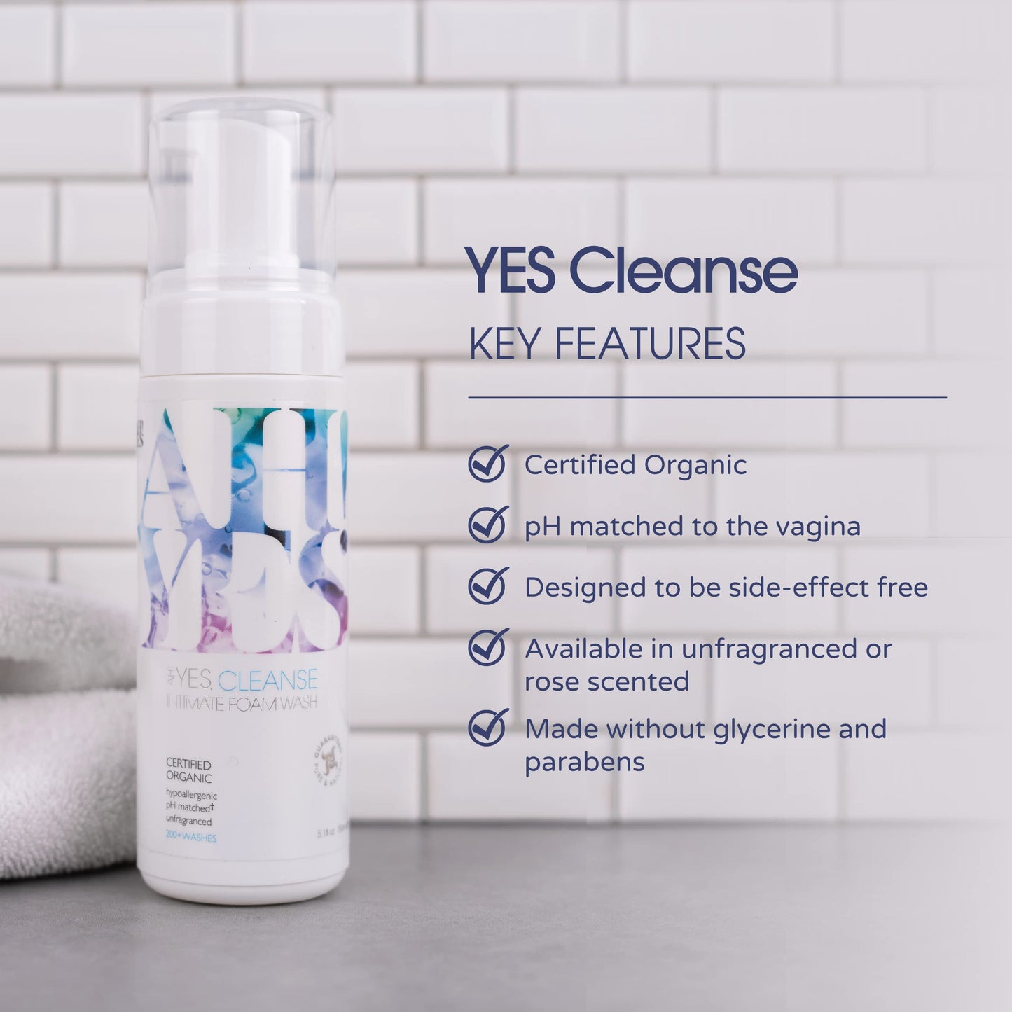 AH! YES CLEANSE Gentle, Organic Foaming Feminine Wash- Unfragranced, pH Matched Vaginal Wash
