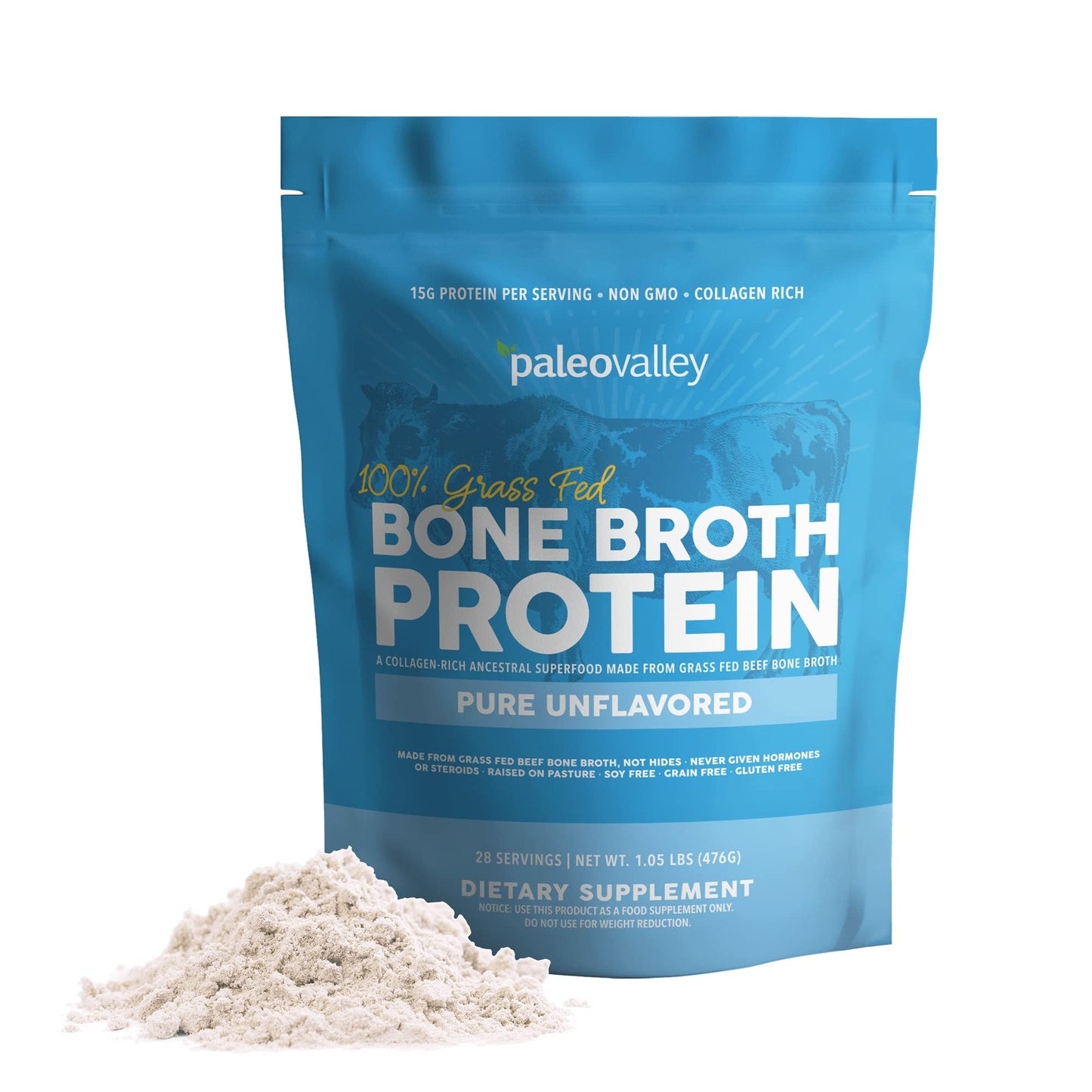 Paleovalley 100% Grass Fed Beef Bone Broth Protein Powder - Rich in Collagen Peptides 