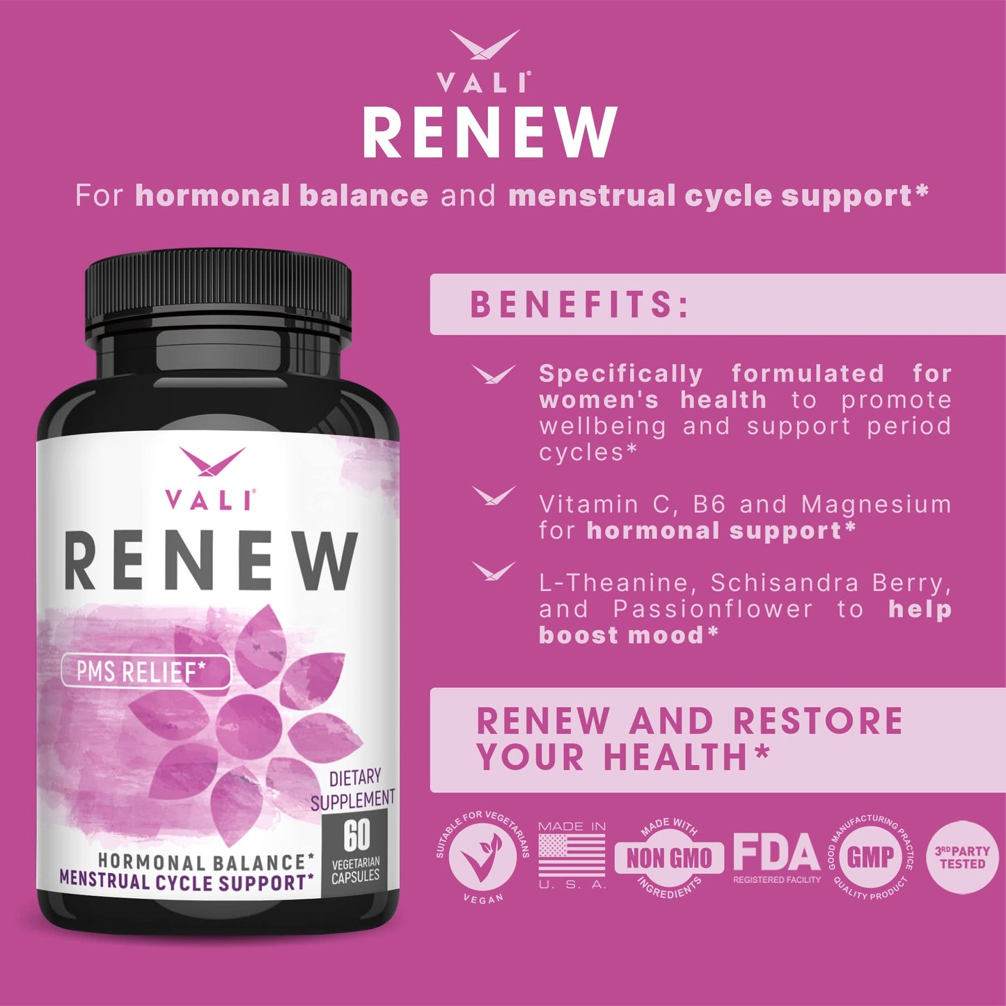 VALI Renew PMS Relief Supplement. Women’s Menstrual Cycle Support. Herbal Formula