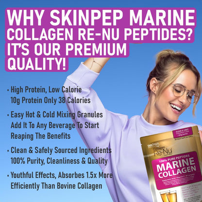 Premium Hydrolysed Marine Collagen Peptide Powder + VIT C, B Complex Hyaluronic Acid, & Stevia. Delicious Taste/No Fishy Smell - SkinPep® Collagen Re-Nu 300g - 30 Days Supply