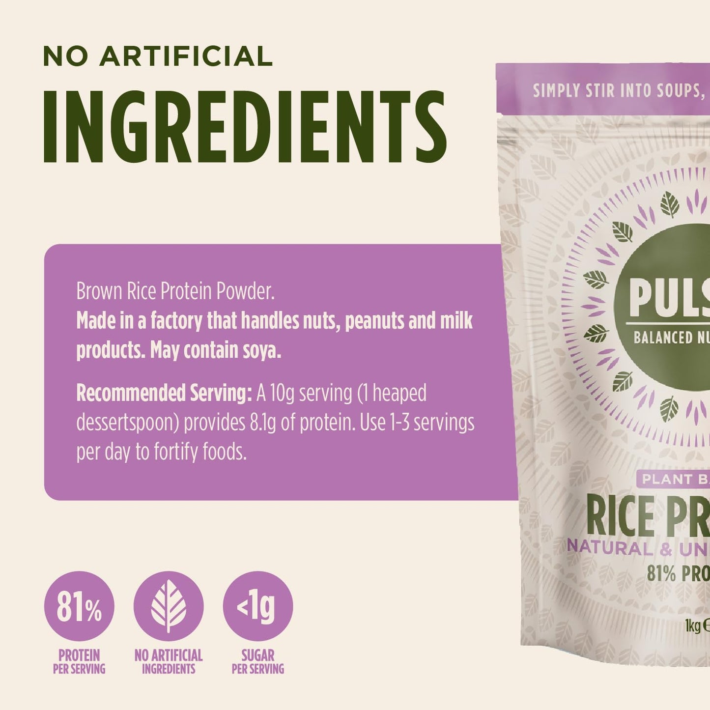 Pulsin - Natural & Unflavoured Vegan Rice Protein Powder - 1kg - 8.1g Protein, 0.4g Carbs, 43 Kcal Per Serving