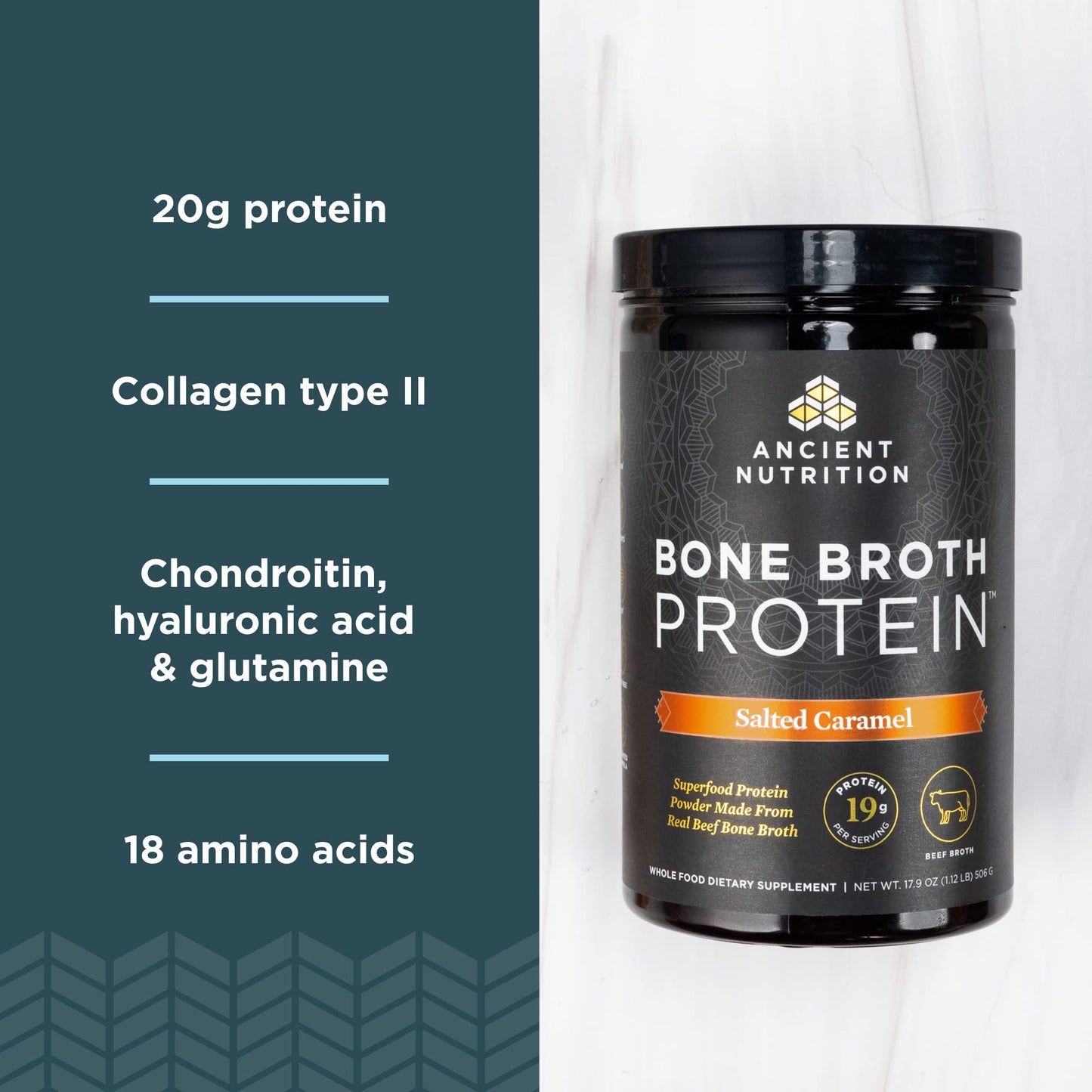 Ancient Nutrition Bone Broth Protein Powder, Salted Caramel, 19g Protein per Serving