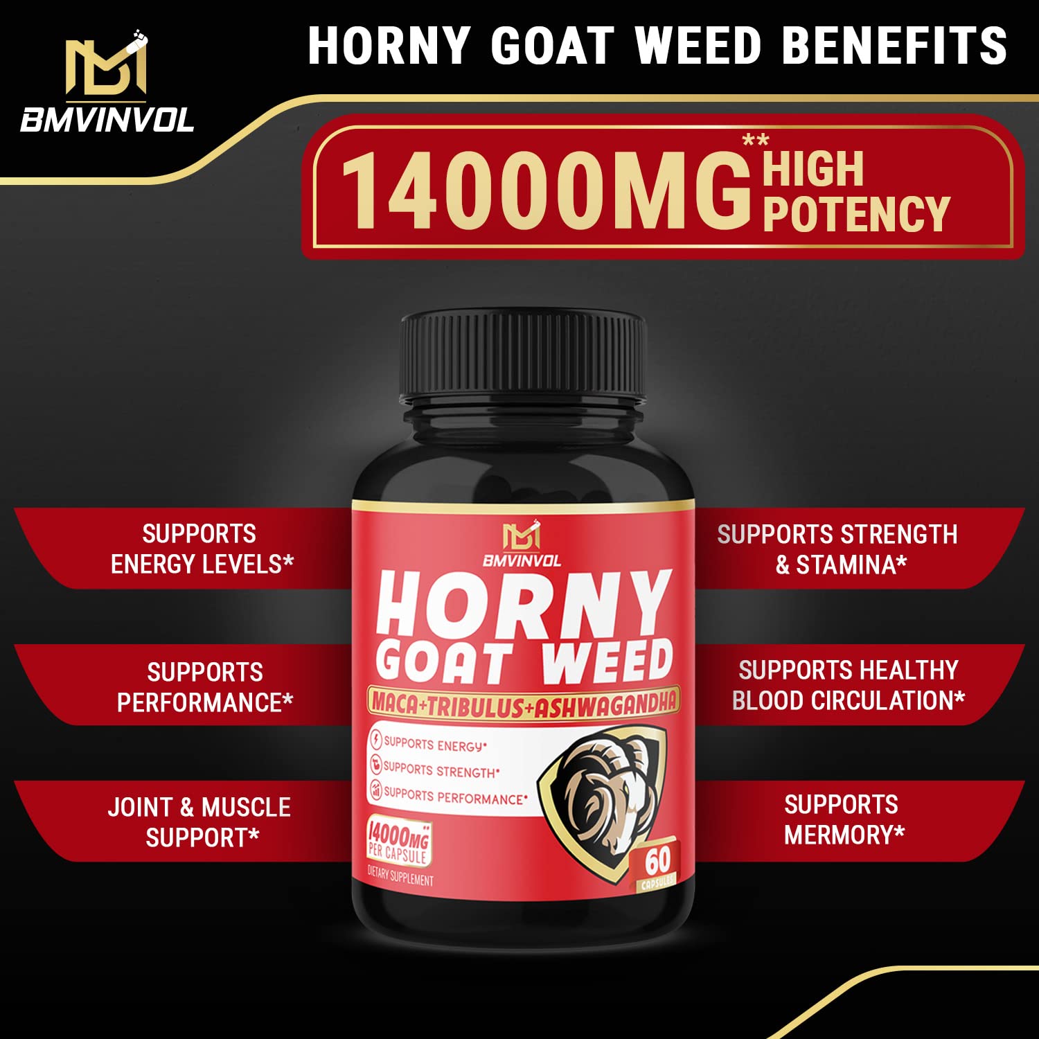 BMVINVOL Horny Goat Weed Capsules, Boost Energy,14000mg Herbal