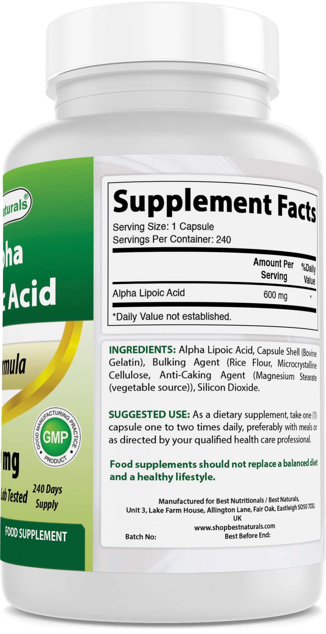 Best Naturals Est Alpha Liopic Acid 600 Mg Capsule with Powerful Antioxidant, 240 Count