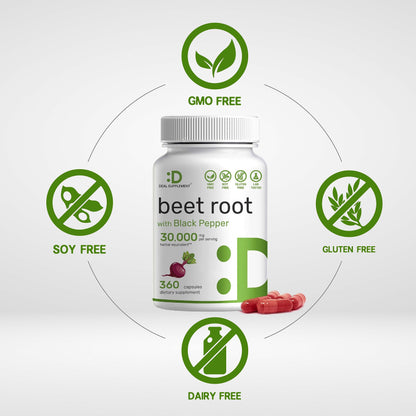 Beet Root Capsules 30000mg Per Serving, 360 Count, with Black Pepper Extract – Enhanced