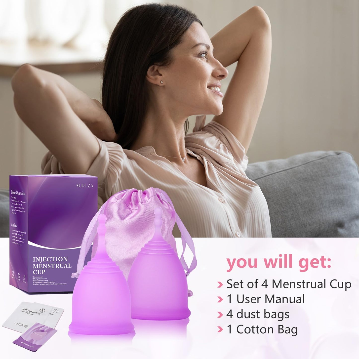 AURUZA Menstrual Cups, Set of 2 Reusable Period Cups Kit for Girls & Women, Silicone Soft Cups