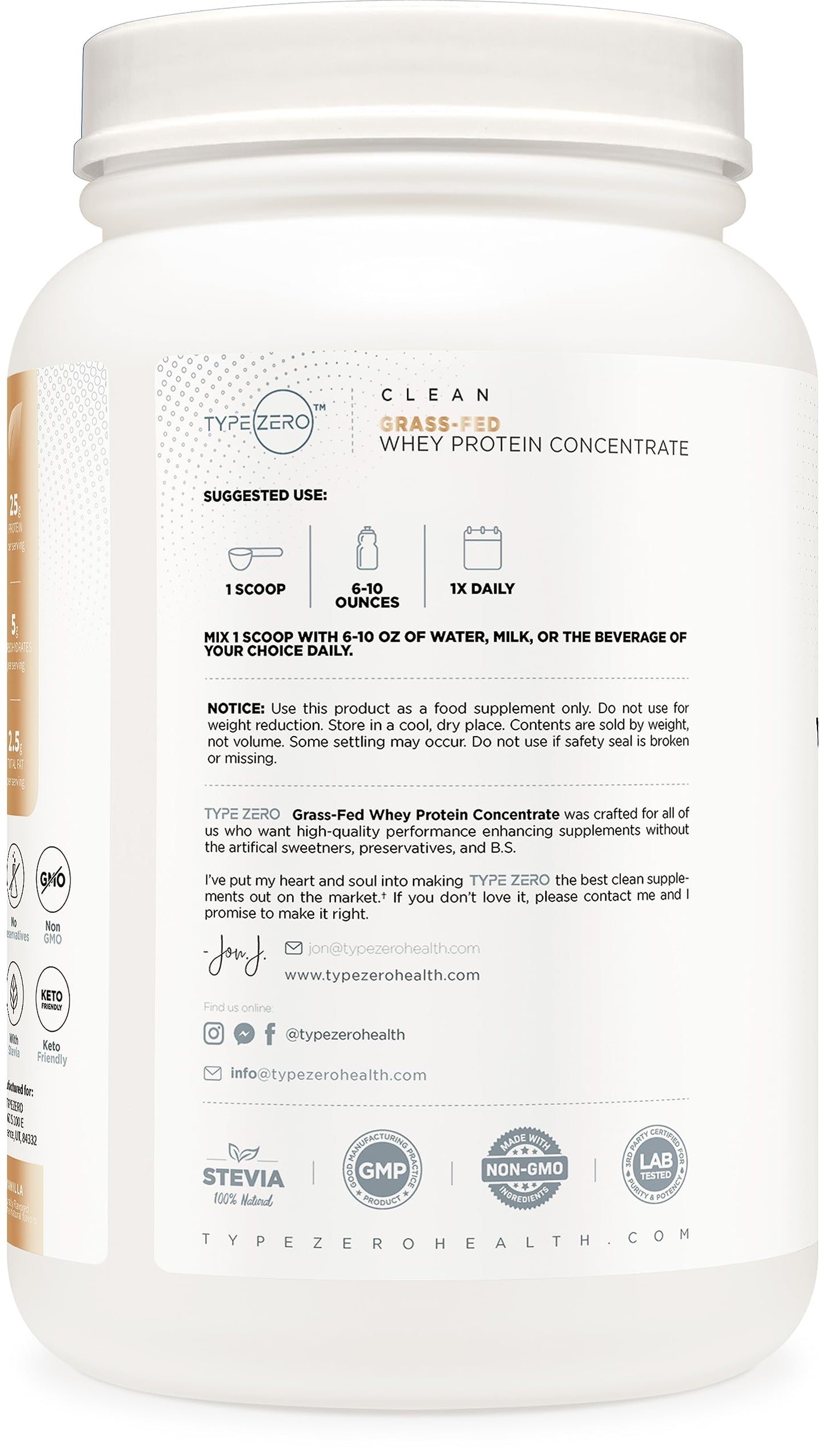 Type Zero Grass Fed Whey Protein Concentrate Powder (Vanilla, 2LBS) - Gluten Free