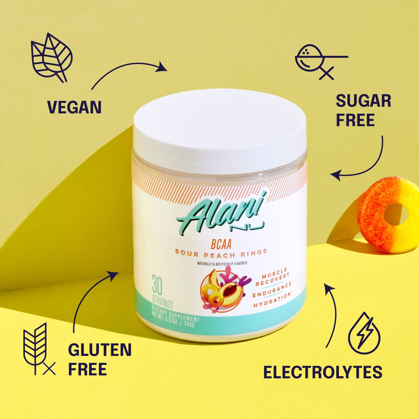 Alani Nu Rainbow Candy Pre Workout and BCAA Sour Peach Rings Post Workout Powder Bundle | L-Theanine, Beta-Alanine, Citrulline | Branch Chain Essential Amino Acids | 30 Servings per Container