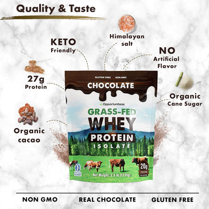 Opportuniteas Chocolate Whey Protein Powder - Grass Fed Whey Isolate + Organic Cacao