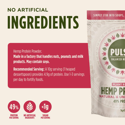 Pulsin - Natural Unflavoured Vegan Hemp Protein Powder - 1kg - 4.9g Protein, 0.4g Carbs, 35 Kcal Per Serving