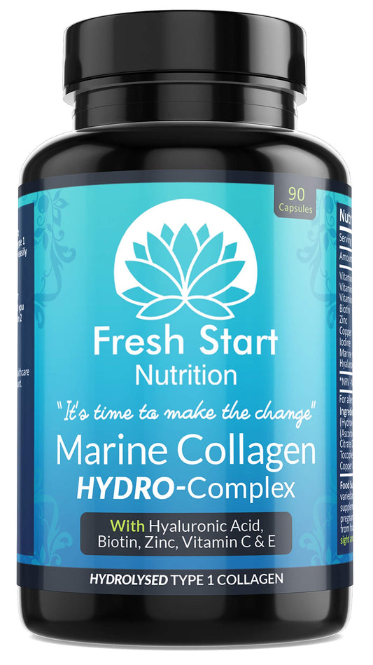 Marine Collagen Tablets 1000mg - 90 Premium Type 1 Hydrolysed Collagen Capsules with Hyaluronic Acid