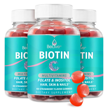 BeLive Biotin Gummies - Skin, Nails & Hair Vitamins with A, C, D, E, B12, Zinc, Folate 