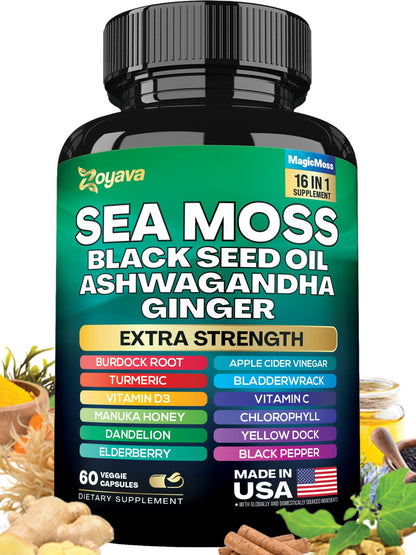 Sea Moss 7000mg Black Seed Oil 4000mg Ashwagandha 2000mg Turmeric 2000mg