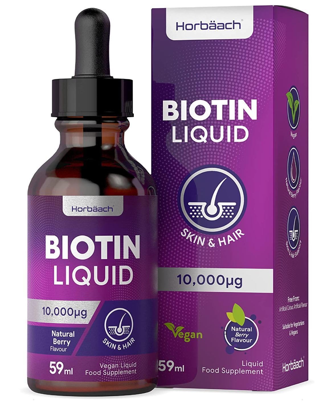 Biotin Liquid Drops for Hair & Skin Support | 10000 mcg Supplement | 59 ml Vitamin B7 