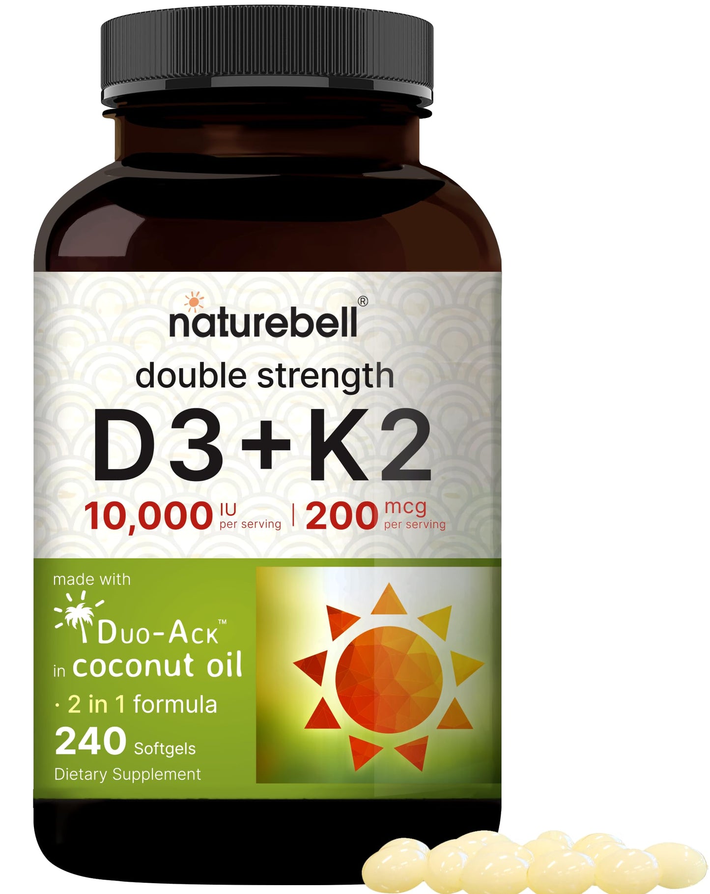 NatureBell Vitamin D3 K2 (10,000 IU Vitamin D + 200mcg Vitamin K MK-7) 240 Softgels 