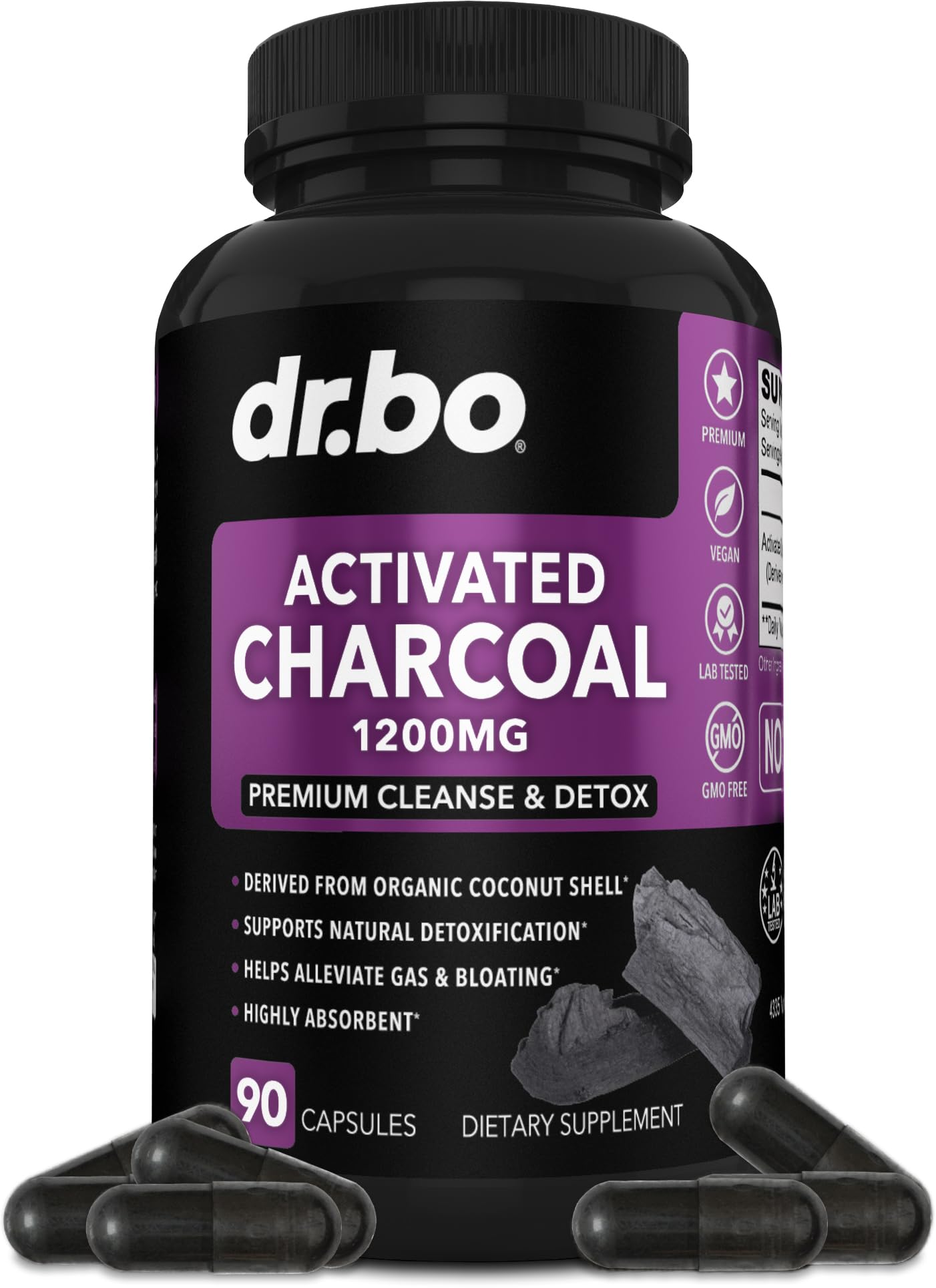 Activated Charcoal Capsules Cleanse Detox - 1200mg Organic Coconut Charcoal Pills 