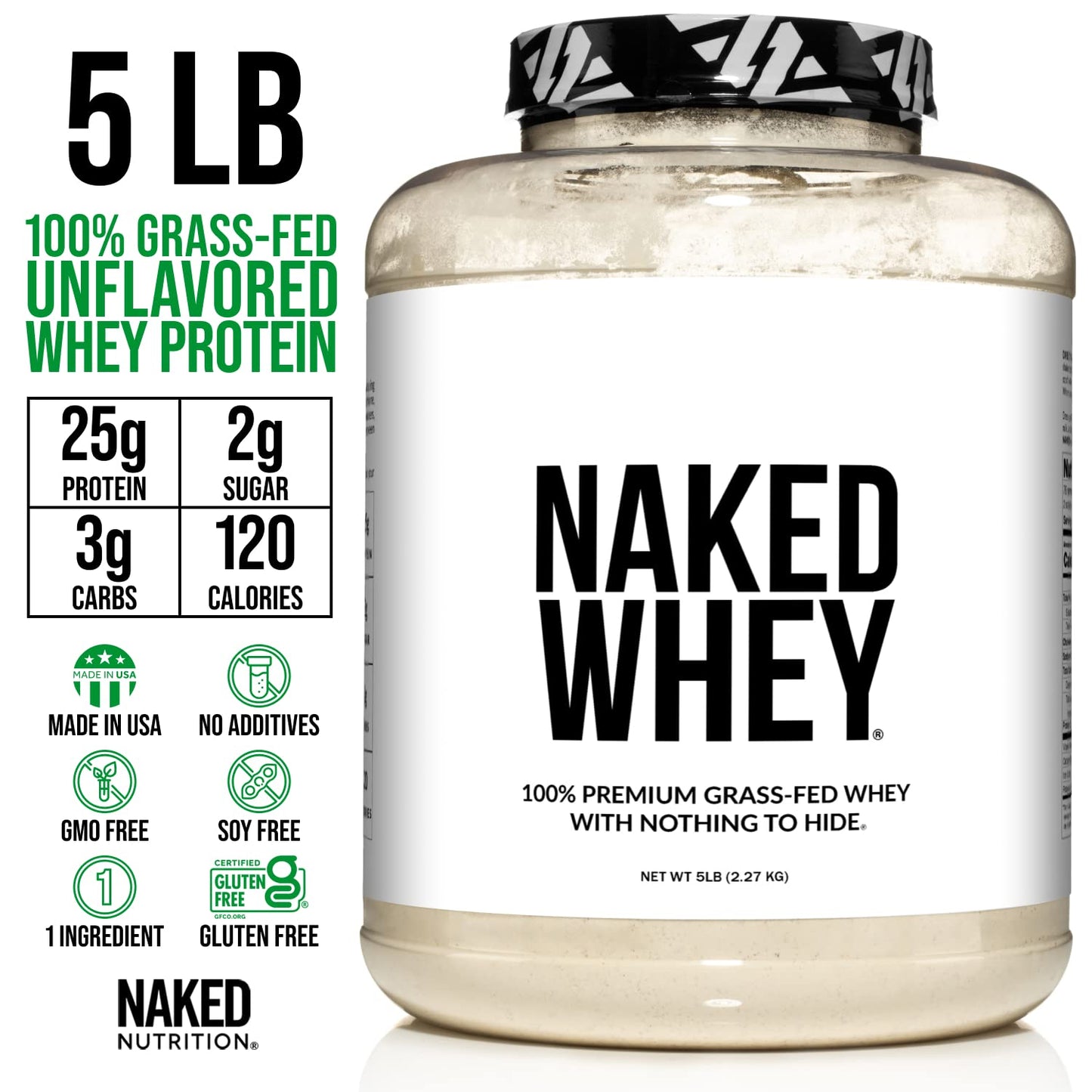 NAKED WHEY 5LB 100% Grass Fed Unflavored Whey Protein Powder - US Farms