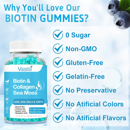 Biotin Gummies 15000mcg with Collagen, Sea Moss, Chlorophyll & Keratin for Hair Skin