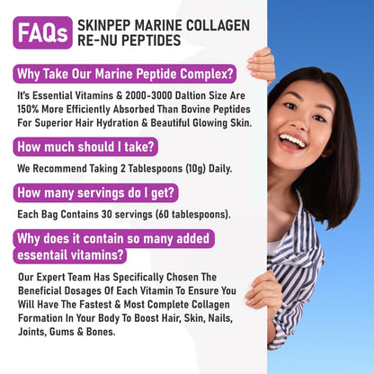 Premium Hydrolysed Marine Collagen Peptide Powder + VIT C, B Complex Hyaluronic Acid, & Stevia. Delicious Taste/No Fishy Smell - SkinPep® Collagen Re-Nu 300g - 30 Days Supply