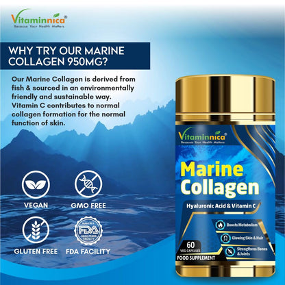 Vitaminnica Marine Collagen Capsules with Hyaluronic Acid & Vitamin C - Skin, Hair, Bones & Joints