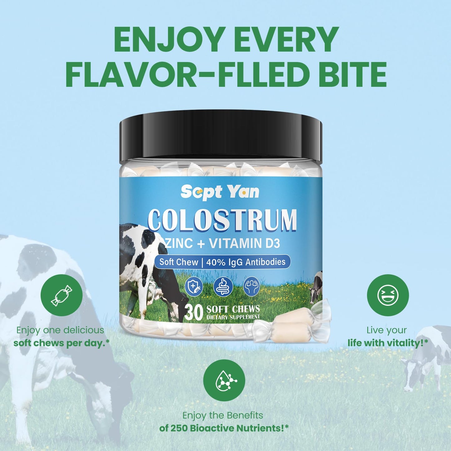 Colostrum Soft Chew Supplement (3000mg + 40% IgG), Concentrated Bovine Colostrum