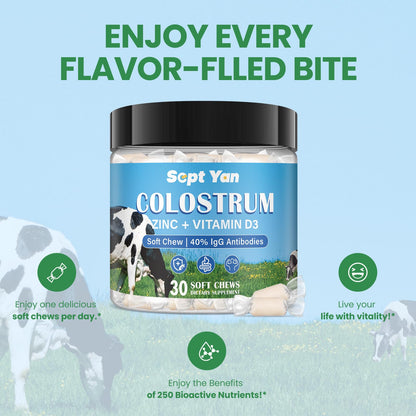 Colostrum Soft Chew Supplement (3000mg + 40% IgG), Concentrated Bovine Colostrum