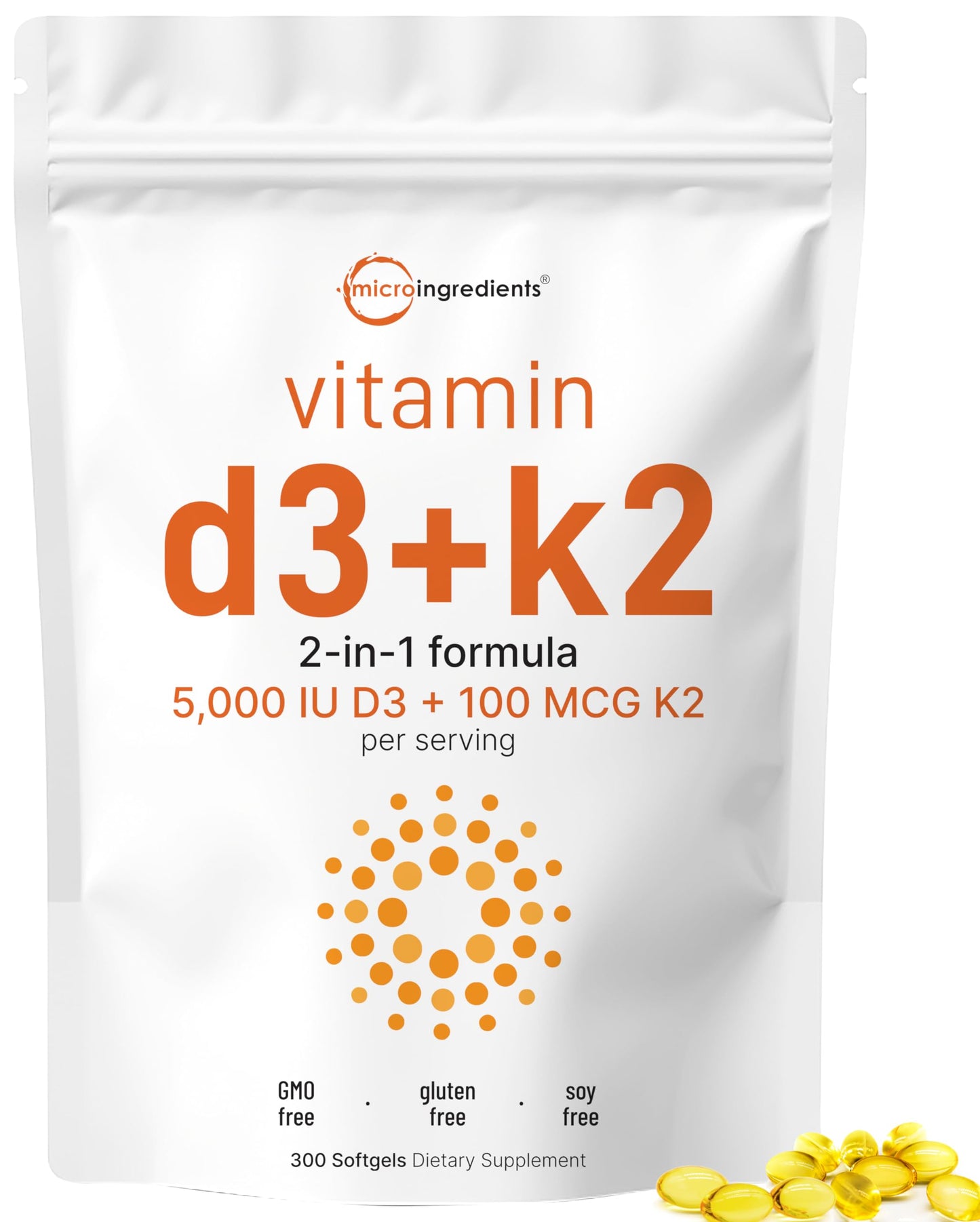 Micro Ingredients Vitamin D3 5000 IU with K2 100 mcg, 300 Soft-Gels