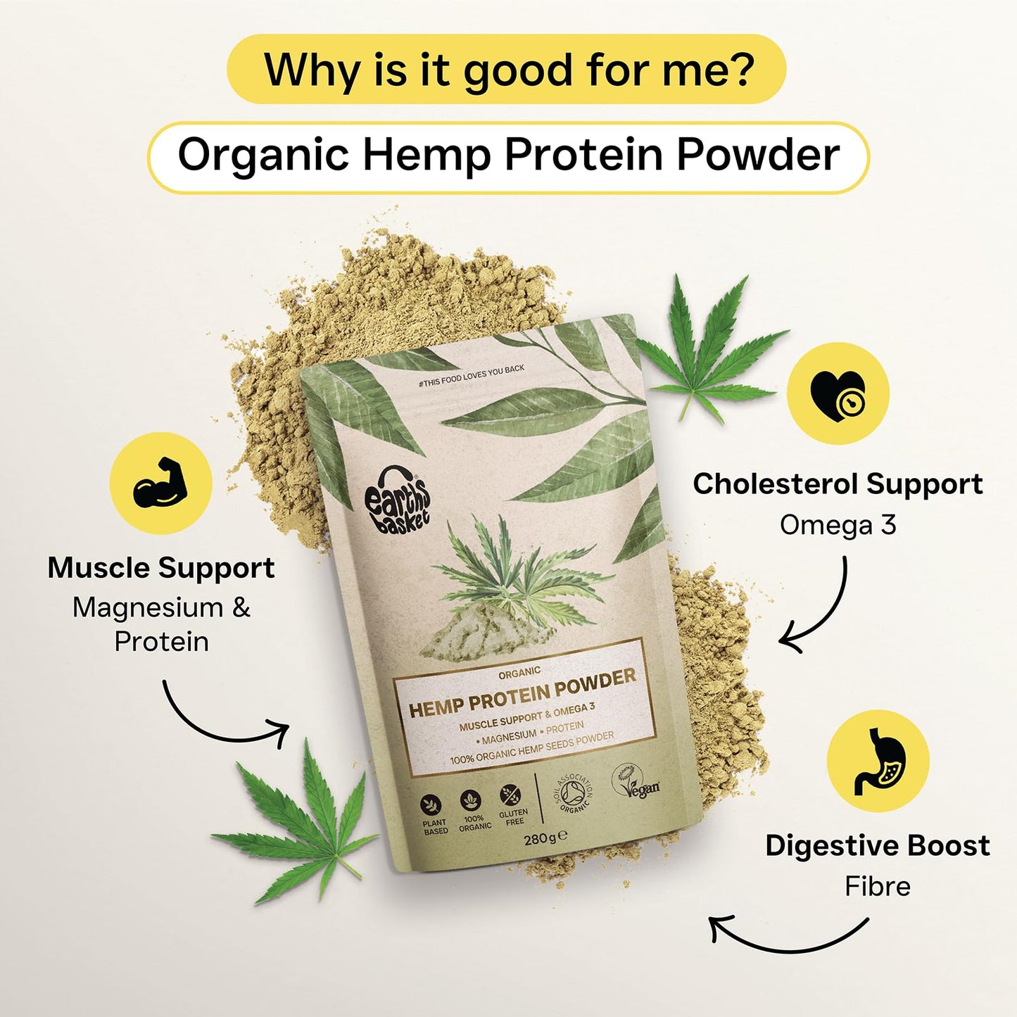 Earths Basket Organic Hemp Protein Powder,280g Natural, Unflavoured, Vegan, Gluten Free