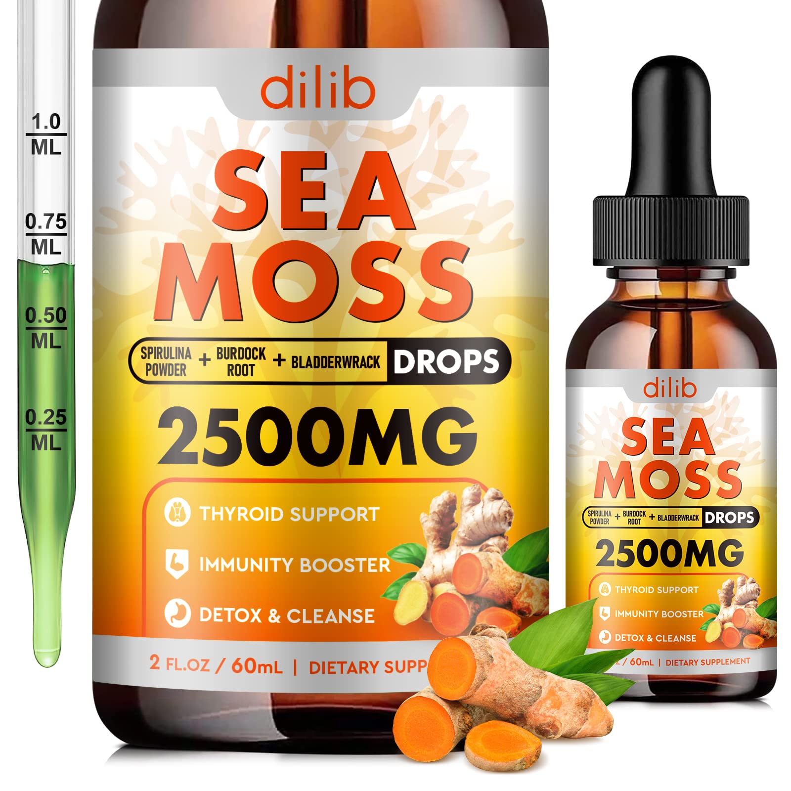 Sea Moss Liquid Drops: Organic Irish Sea Moss 2500mg with Turmeric, Bladderwrack