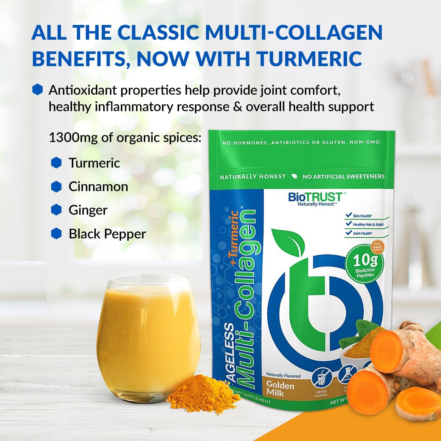 BioTrust Collagen Powder with Turmeric – 5 Types (I, II, III, V, X) + Turmeric