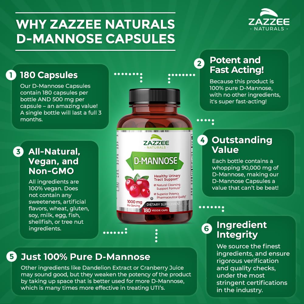 Zazzee D-Mannose, 1000 mg per Serving, 180 Vegan Capsules, 3 Month Supply, Potent