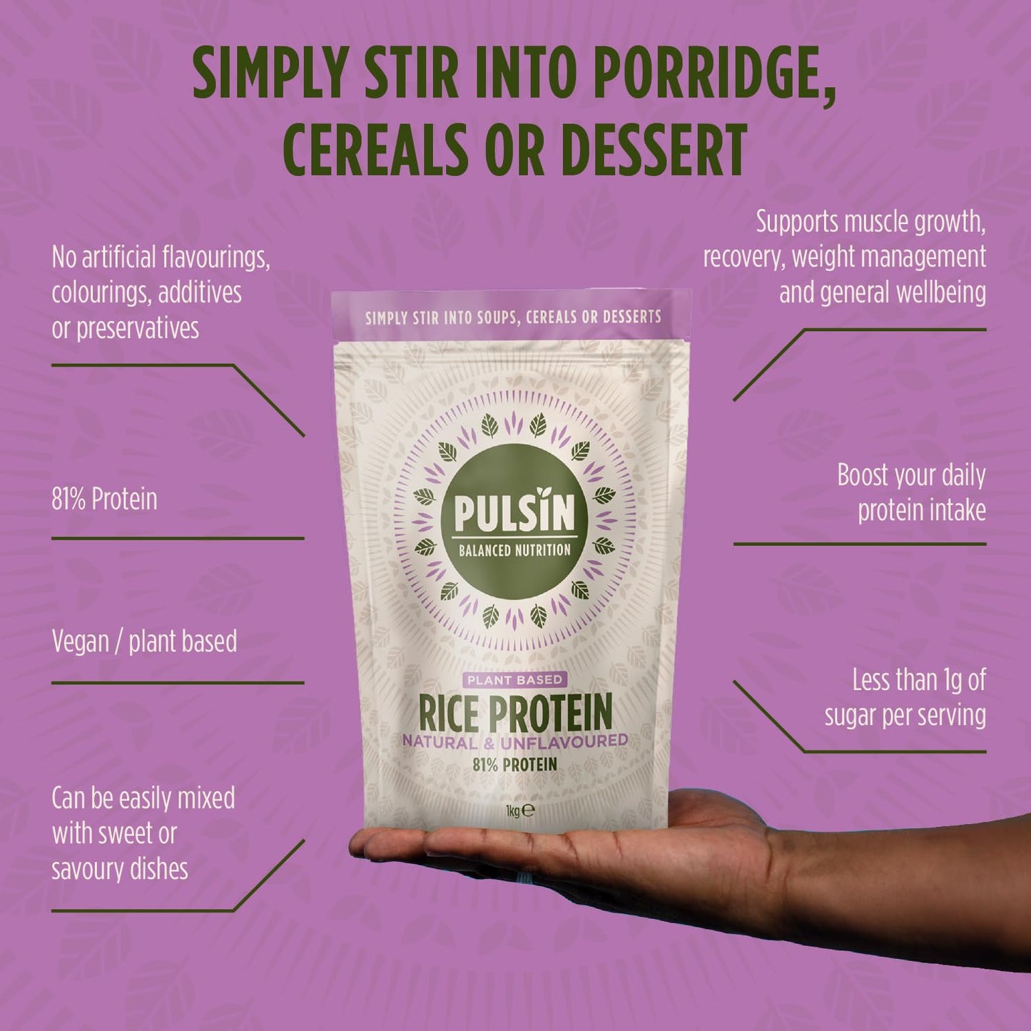 Pulsin - Natural & Unflavoured Vegan Rice Protein Powder - 1kg - 8.1g Protein, 0.4g Carbs, 43 Kcal Per Serving