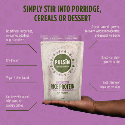 Pulsin - Natural & Unflavoured Vegan Rice Protein Powder - 1kg - 8.1g Protein, 0.4g Carbs, 43 Kcal Per Serving