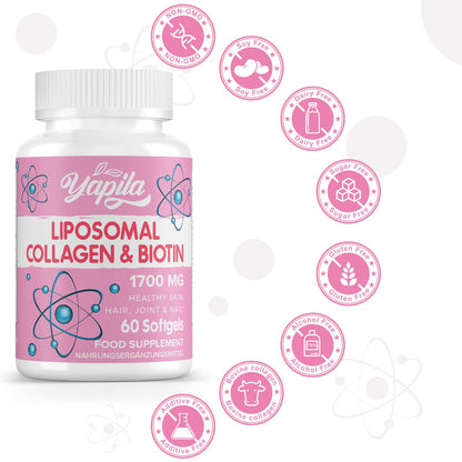 Liposomal Collagen Biotin Capsules, Hydrolyzed Bovine Collagen Peptides 1700 mg, Types 1 & 3 Protein