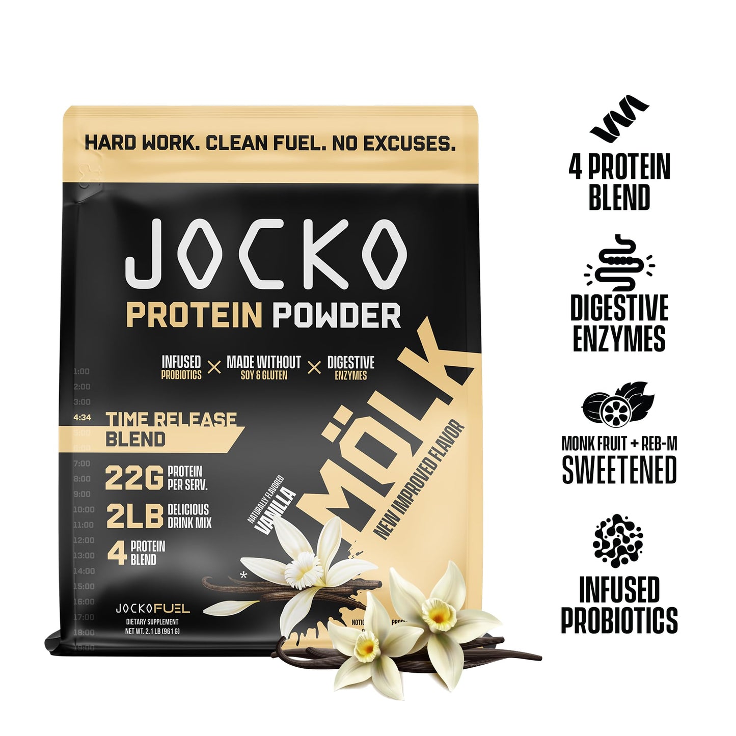 Jocko Mölk Whey Protein Powder (Vanilla) - Keto, Probiotics, Grass Fed, Digestive Enzymes