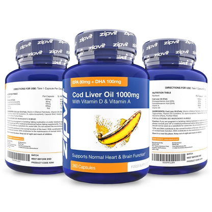 Cod Liver Oil 1000mg, 360 Capsules of High Strength Fish Oil, Rich in Omega 3. Supports