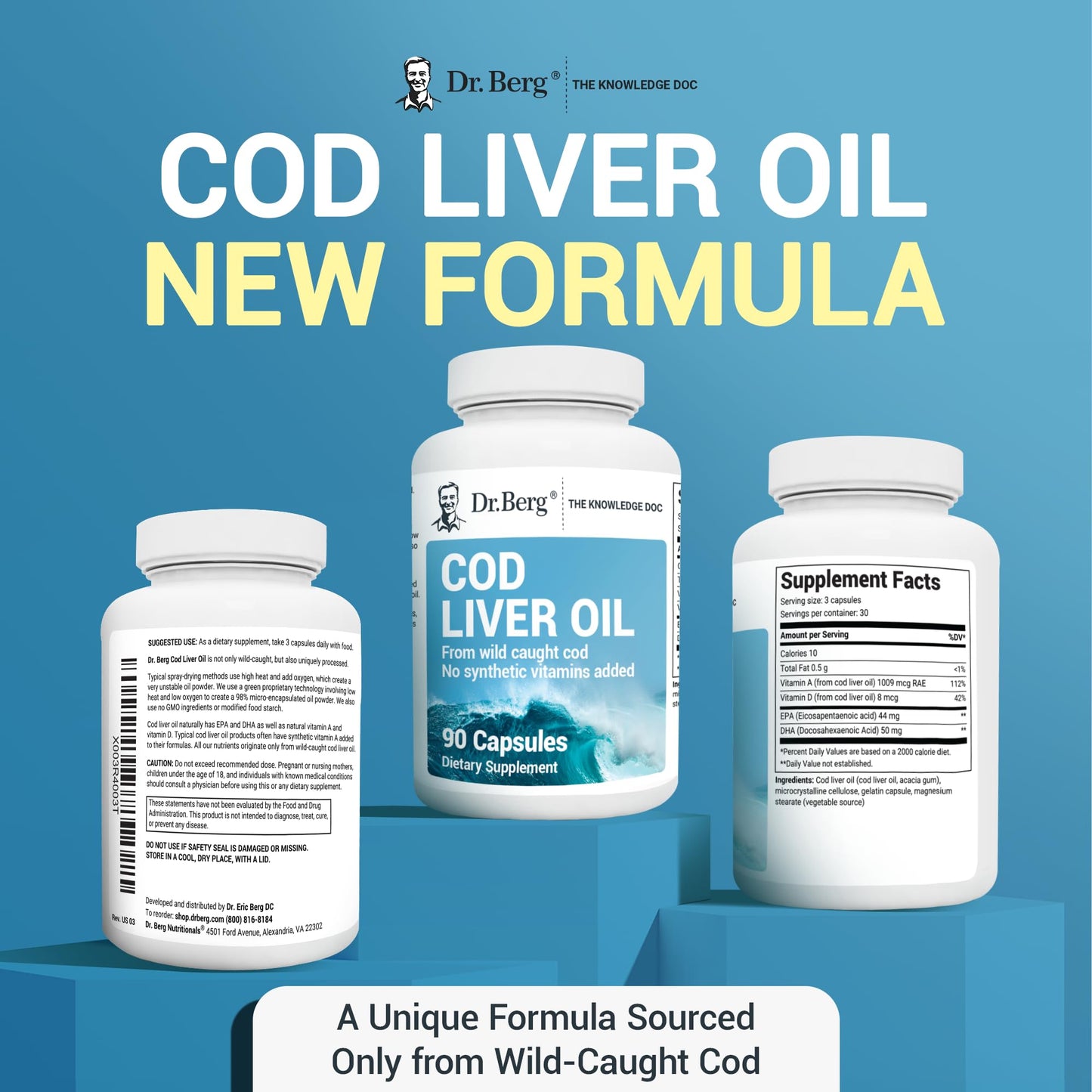 Dr. Berg Cod Liver Oil Capsules - New Formula Without OxBile - Rich in Omega-3 Fatty