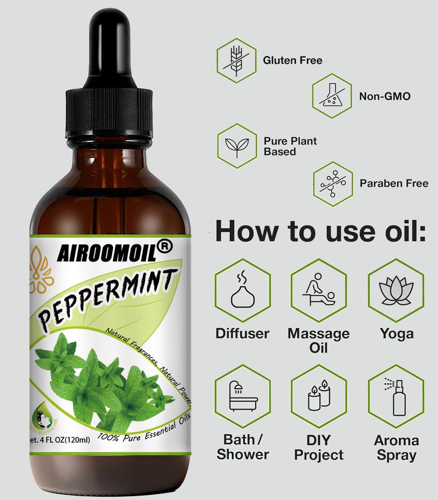 airoomoil Invigorating Peppermint Essential Oil for Showers Skin Use Shampoo Soap Ideal