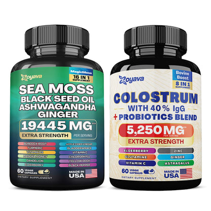 Zoyava Sea Moss 16-in-1 Blend 19,445 MG (60 Caps) and Colostrum 8-in-1 5,250 MG 