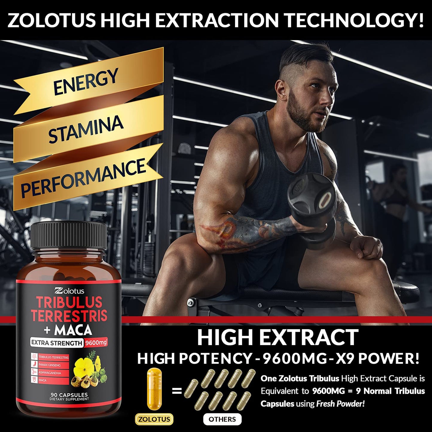 Zolotus Premium Tribulus Terrestris Capsules - 9600mg Per Serving - Combined