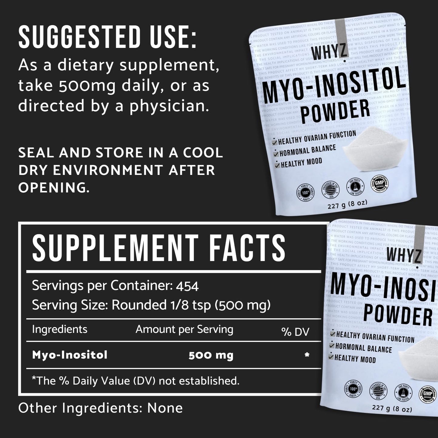 Myo-Inositol Powder 8oz, Natural Myo Inositol Supplement for Ovarian Support