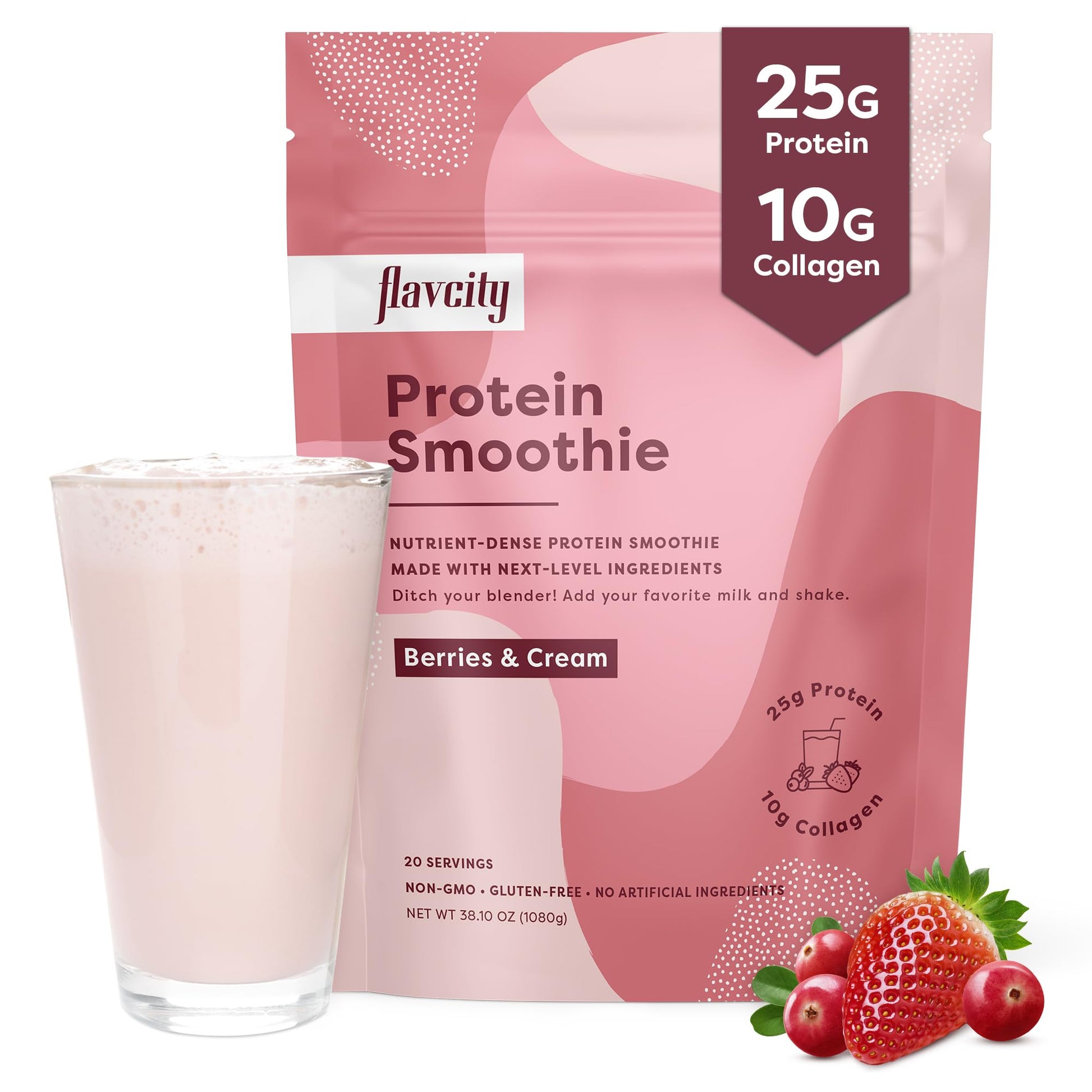 FlavCity Protein Powder Smoothie, Berries & Cream - 100% Grass-Fed Whey Protein 