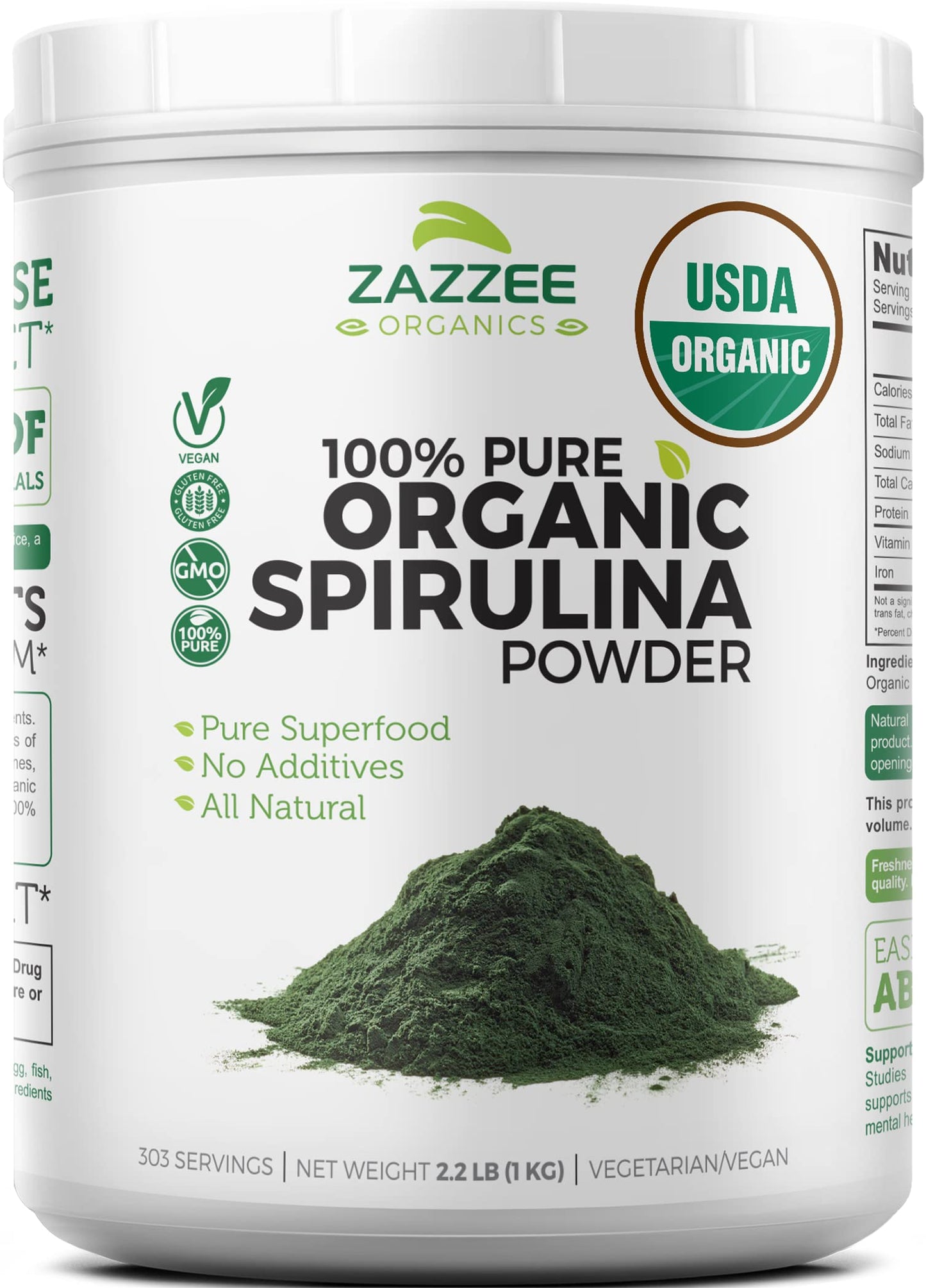 Zazzee USDA Certified Organic Spirulina Powder, 2.2 Pounds (1 KG), 303 Servings