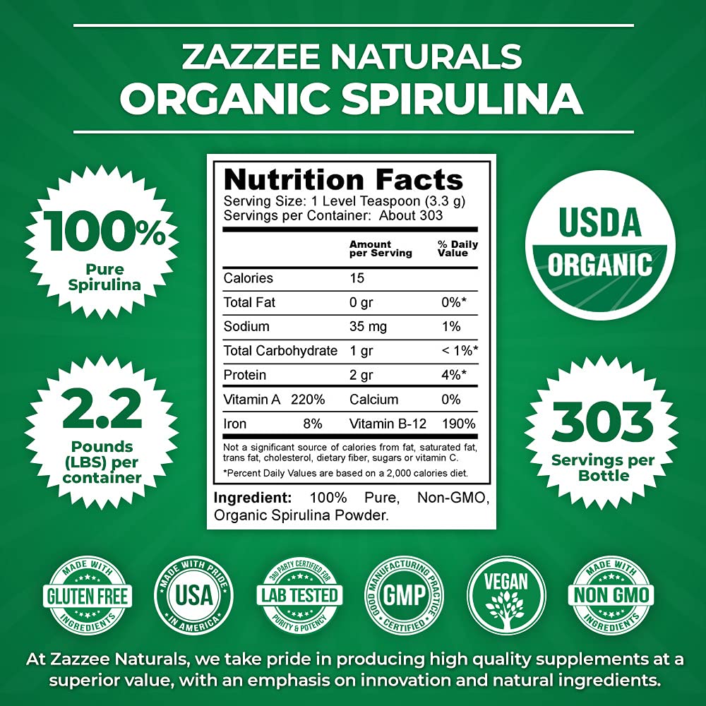 Zazzee USDA Certified Organic Spirulina Powder, 2.2 Pounds (1 KG), 303 Servings