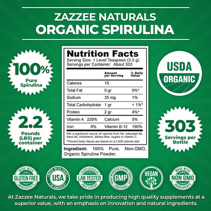 Zazzee USDA Certified Organic Spirulina Powder, 2.2 Pounds (1 KG), 303 Servings